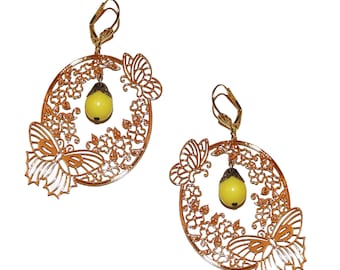 Large 70s Butterfly Earrings - gold filigree 70s metal stamping earrings butterfly jewelry large earrings