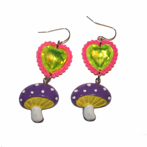 Sweetie Pie Heart Mushroom Earrings - Shroom Earrings 70s clay hand painted rainbow mushroom tripping rave earrings