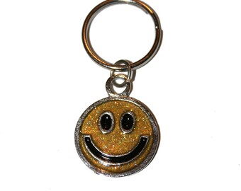 90s Vintage Glitter Enamel Happy Face Smiley Face Keychain - retro keychain collectible key chain 90s fashion deadstock 1990s keychains