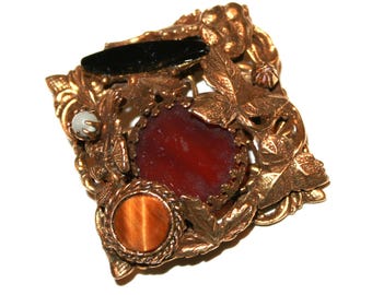 Vintage 60s Victorian Revival Brooch - filagree brass brooch tiger eye agate onyx costume moving articulated antique style pin