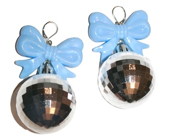 Disco Ball Bow Earrings - Kawaii new years eve disco ball party Motown earrings - large raver costume diva drag queen earrings