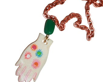70s Groovy Hand Necklace - vintage 1970s big hand necklace retro psychedelic milagros hand hamsa protective amulet