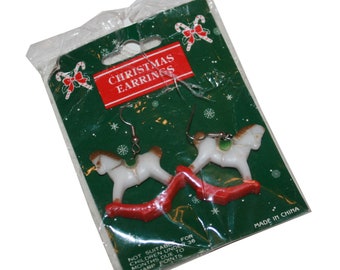 Vintage Christmas Rocking Horse Earrings - vintage plastic earrings holiday earrings kitchmas