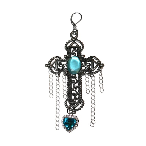 SINGLE Gothic Aqua Cross Earrings cross chain earrings baroque gothic 80s club kid earring