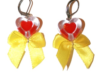 Jelly Heart and Bow Earrings - super cute kawaii gem drop earrings jelly hearts satin bows