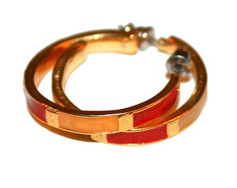 Vintage Orange Yellow Gold Enamel Hoop Earrings - gold hoops 70s style