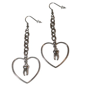 Chained Tooth Herat Earrings - teeth tooth earrings hoop earrings silver teeth tooth gift weird odd jewelry unique obscura