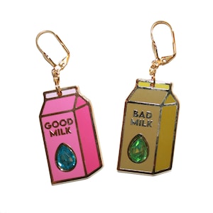 Good & Bad Milk Earrings - enamel earrings pink milk carton original design rhinestone milk jewelry