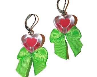 Jelly Heart and Bow Earrings - super cute kawaii gem drop earrings jelly hearts satin bows