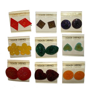 Set of 3 - Vintage 90s Glitter Earrings - Mixed Bag Randomly Chosen 90s glitter earrings shapes geometric colorful