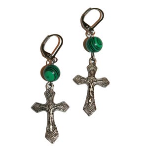 Vintage Catholic Cross Charm Earrings - Catholic metal style rosary cross earrings rosary Catholicism Jesus cross rosary Malachite