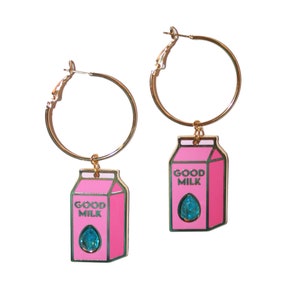 Good Milk Hoop Earrings - enamel earrings pink milk carton original design rhinestone milk jewelry