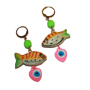Wooden Fish Evil Eye Earrings - hand painted wood vintage beads fish bead evil eye protection earrings protector earrings Turkish eye