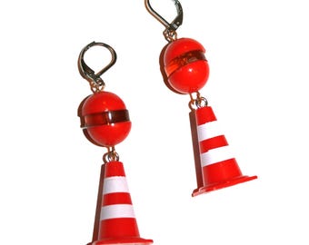 Vintage Construction Cone earrings - cute vintage earrings construction cone yellow orange cone