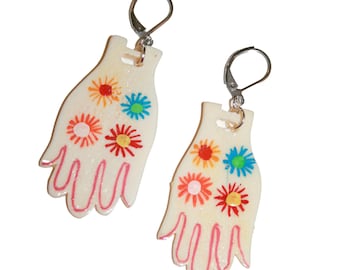 70s Groovy Hand Earrings - vintage 1970s big hand earrings retro psychedelic milagros hand hamsa protective amulet