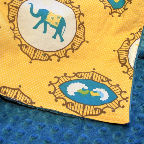 SALE - Minky Baby Blanket - Menagerie in Yellow and Teal Minky - Personalization Options Available