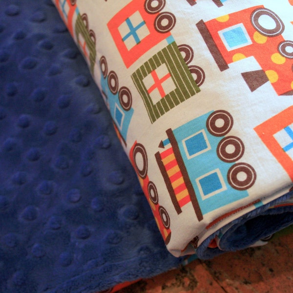 Boy Minky Baby Blanket - Ready Set Go Trains and Blue Minky Dot  - Personalization Options Available