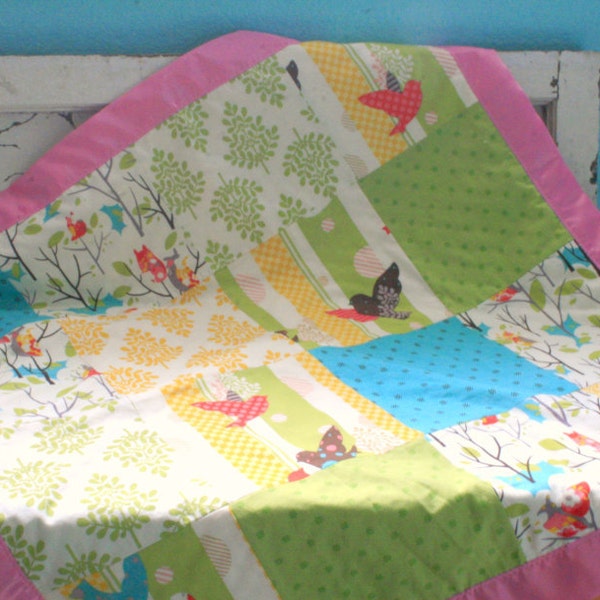 Patchwork Baby Blanket - It's a Hoot and Cream Minky with a Pink Satin Trim  - Personalization Available