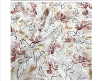 Floral Textured Cotton–Linen Fabric – Dusty Pink Botanical Print | Soft, Breathable Weave for Dresses, Tops & Sewing Projects