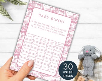 Baby Bingo Safari Toile Pink, Girls Baby Shower Activity, Printable Baby Shower Game, Light Pink Jungle Animals  Game Digital Download ST415