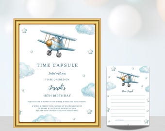 Airplane First Birthday Time Capsule Sign & Message Card, Editable Printable Template BBP121