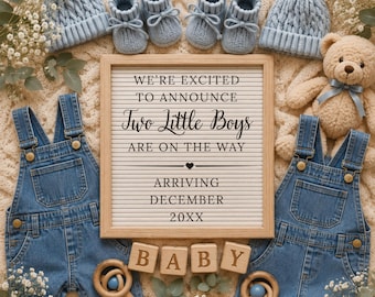 Twin Boy Pregnancy Announcement Template, Denim Digital Social Media Baby Reveal, Editable Canva Download