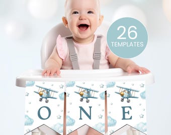 Airplane Bunting, Highchair One Banner, Editable Canva Template BBP121