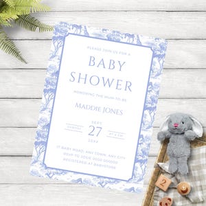 Safari Toile Blue Baby Shower Invitation, Boys Elegant Printable Chinoiserie Jungle Animals Invite, Editable Canva Template, ST416