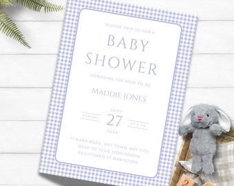 Invito per baby shower a quadretti blu, per maschietto, stampabile (download digitale) PG472