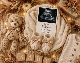 Fall Pregnancy Announcement Template, Neutral Autumn Baby Reveal, Editable Canva Ultrasound Card