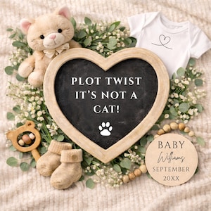 Puede incluir: Anuncio de bebé con un gato de peluche, una pizarra en forma de corazón con la frase "PLOT TWIST IT'S NOT A CAT!" y un body de bebé. Un letrero de madera dice "BABY Williams September 20XX". El anuncio está rodeado de vegetación.