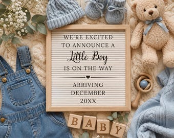 Denim Baby Boy Pregnancy Announcement Template, Digital Social Media Baby Reveal, Editable Canva Download