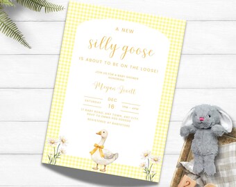 May include: A baby shower invitation with a yellow gingham pattern and the text "A New Silly Goose is About to be on the Loose!" The invitation includes the date, time, and RSVP details. A watercolour goose and daisies are featured.