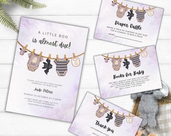 Little Boo Baby Shower Invitation Bundle, Editable Purple Books for Baby & Diaper Raffle Template, Printable Halloween Laundry Line H1