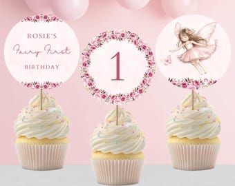 Fairy First Cupcake Toppers, 1st Birthday Party Printable, Editable Template FF662