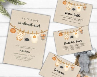 Halloween Baby Clothes Baby Shower Invitation Bundle, Editable Books for Baby, Pumpkin Diaper Raffle Template, Printable Spooky Invite H2