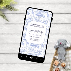 Blue Toile De Jouy Baby Shower Evite Safari, Boys Light Blue Elegant Chinoiserie Jungle Animals Invitation, Editable Canva Template, ST316