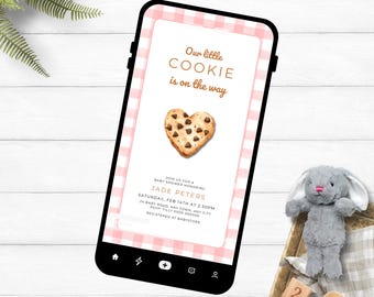 Digital Cookie Baby Shower Invitation Pink Gingham Boy Editable Phone Invite Template PC162