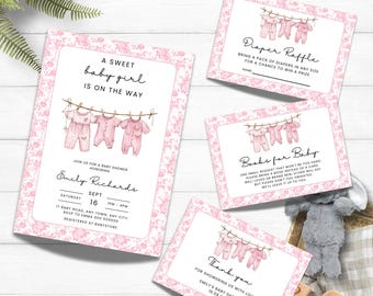 Pacote de convites para chá de bebê com estampa floral rosa, modelo de sorteio de fraldas para varal de roupas para meninas, livros editáveis para bebês, ThankYou GC679