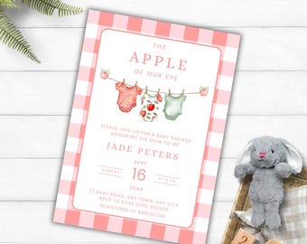 Gingham Apple of Our Eye Baby Shower Invitation, Printable Pink Fruit Invite Template, Editable Girls Laundry Line Fall Invite, AP227