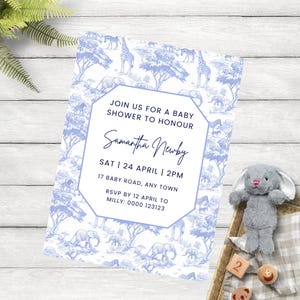 Toile De Jouy Baby Shower Invite Safari Blue, Boys Elegant Chinoiserie Jungle Animals Invitation, Editable Canva Template, ST316