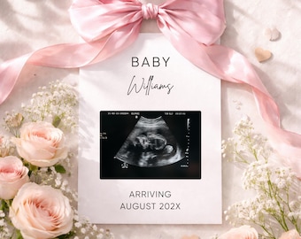 Baby Girl Pregnancy Announcement: Editable Pink Bow Floral Ultrasound Reveal Template (Digital Download)