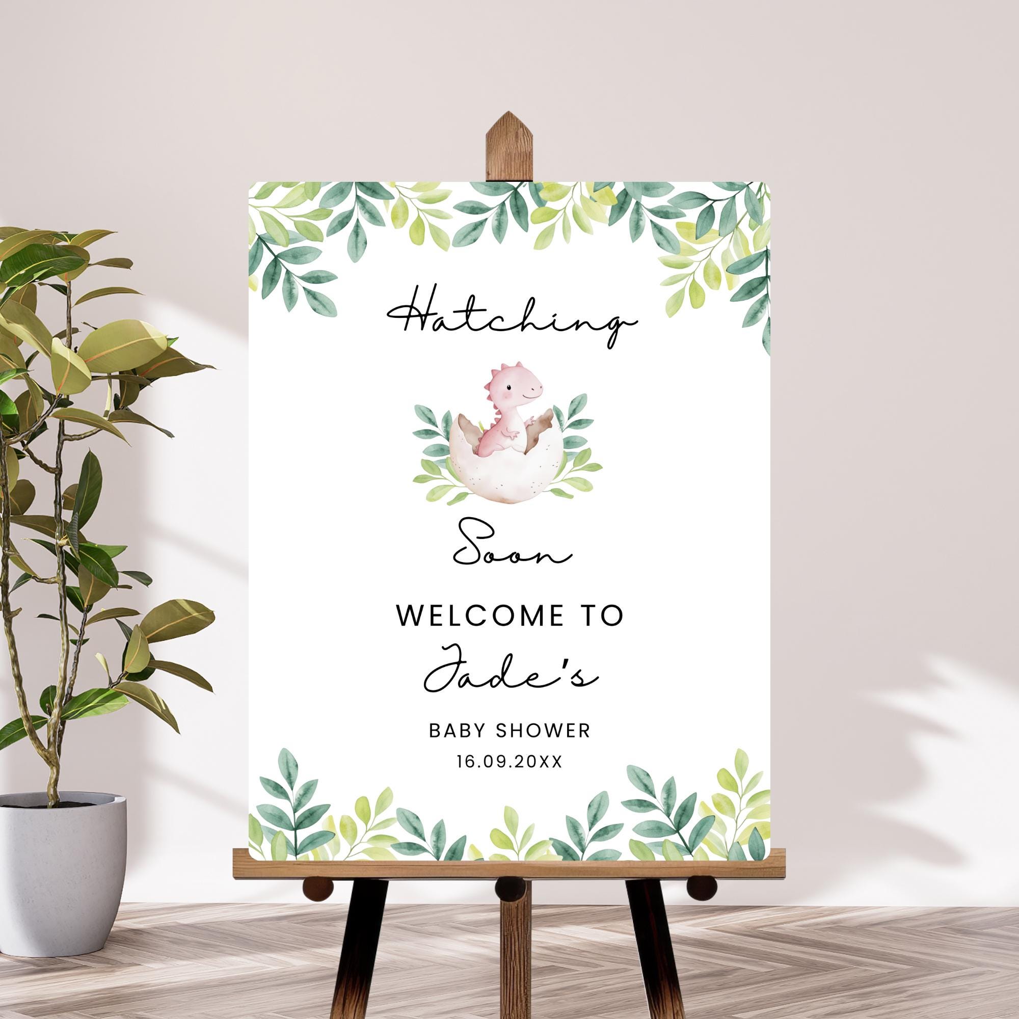 Hatching Soon Baby Shower Welcome Sign, Pink Dino Printable Poster ...