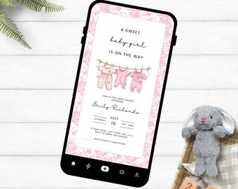Pink Floral Toile Baby Shower Evite, Girls Clothes Line Editable Invitation Template, Baby Girl Digital Invite,  Mobile Phone Invite, GC679