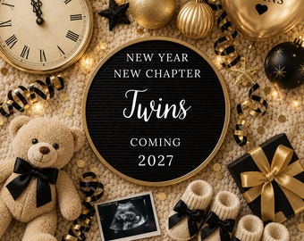 New Year Twins Pregnancy Announcement Template, Neutral 2027 Digital Social Media Canva Reveal