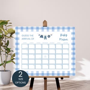 May include: A blue and white gingham baby shower calendar with the text "Guess the Arrival of" and "Baby Mason." The calendar includes a space for the due date and a clothesline with baby clothes. The sign is on a wooden easel.