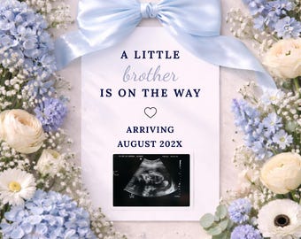 Blue Floral Sibling Pregnancy Announcement, Social Media Baby Boy Ultrasound Brother Reveal (Editable Template)