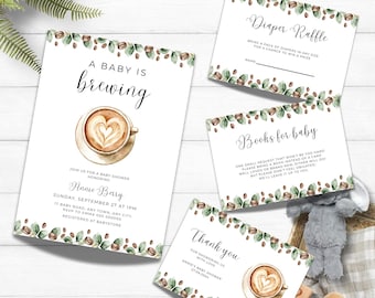 May include: A set of baby shower invitations and cards with a coffee theme. The main invitation reads "A Baby is Brewing" with a latte art design. Additional cards include "Diaper Raffle," "Books for Baby," and a thank you card, all with coffee bean and leaf borders.