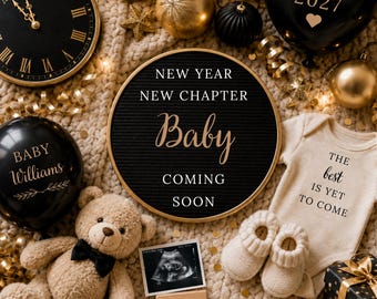 New Year Pregnancy Announcement Template, Neutral 2027 Digital Social Media Canva Reveal