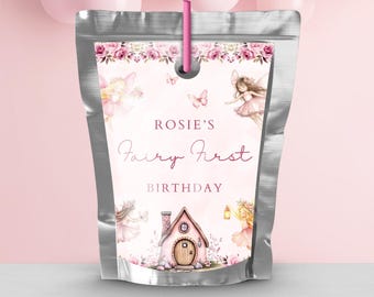 Fairy First Birthday Juice Pouch Printable Label, Editable Canva Template FF662